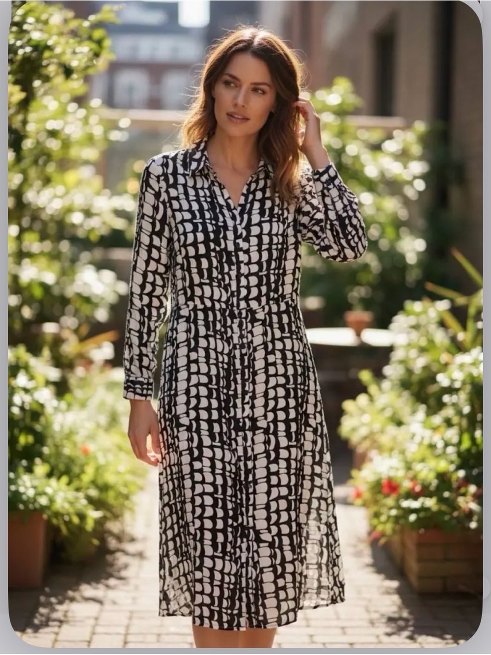 Zara Black and Cream Geometric Button-Front Long Sleeve Maxi Dress